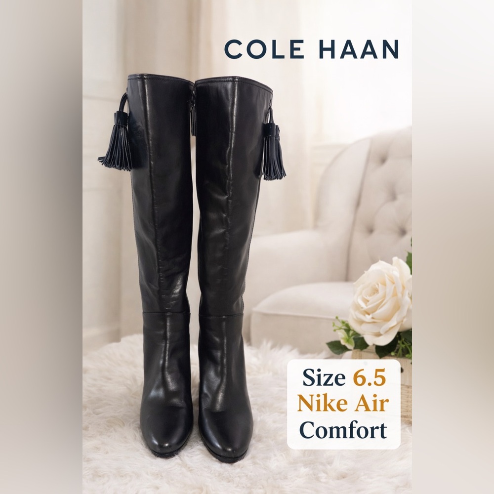 Size 6.5 Cole Haan Black Leather Tassel Knee-High Boots Nike Air Comfort Luxe